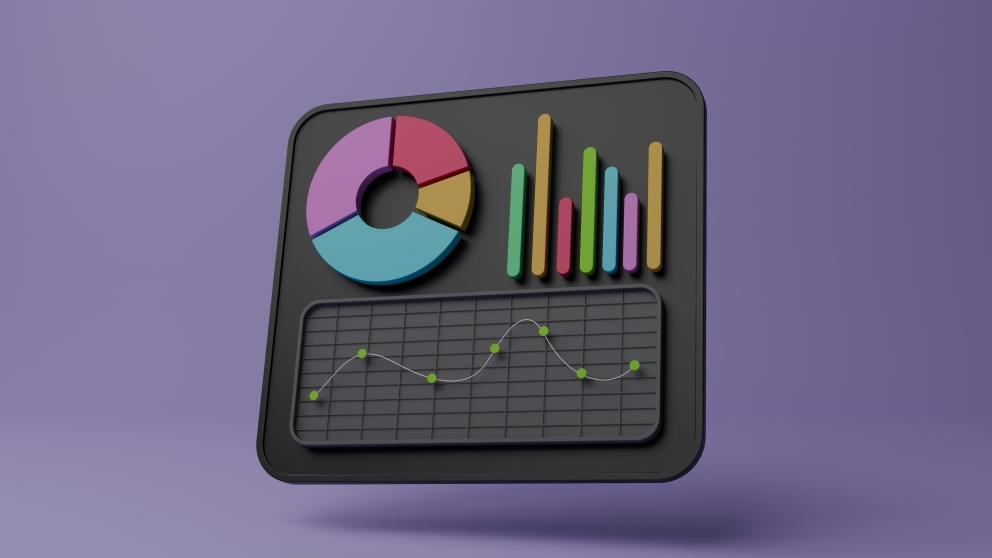 Een 3D dashboard met verschillende grafieken: een donut chart, staafdiagram en lijngrafiek op een donkergrijze achtergrond