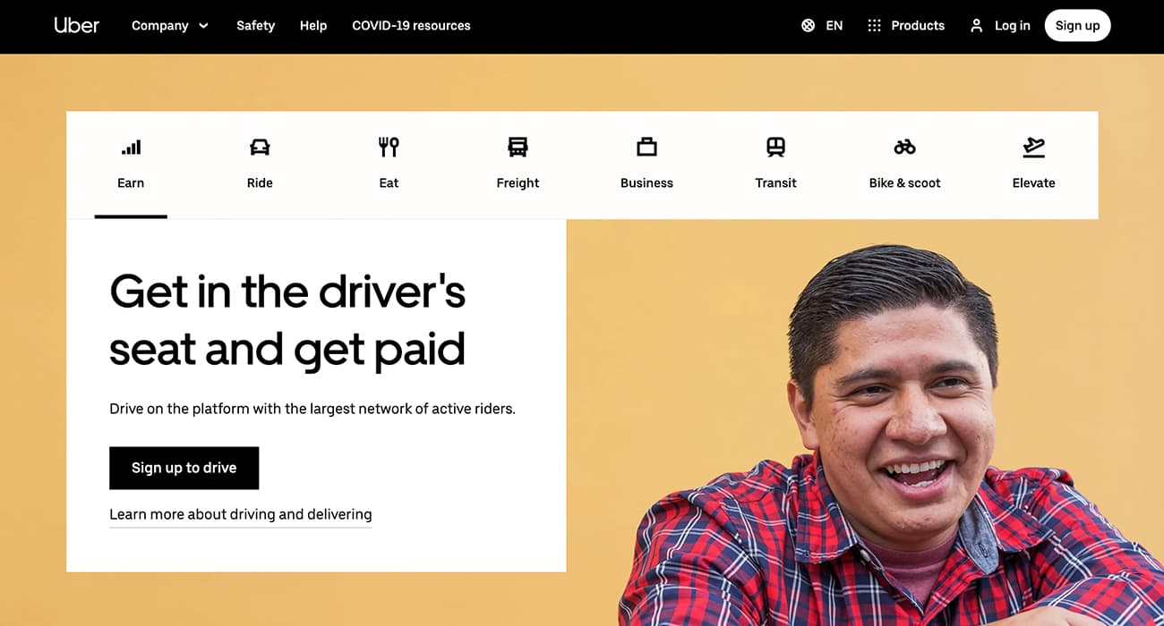 Een voorbeeld van de homepagina van Uber