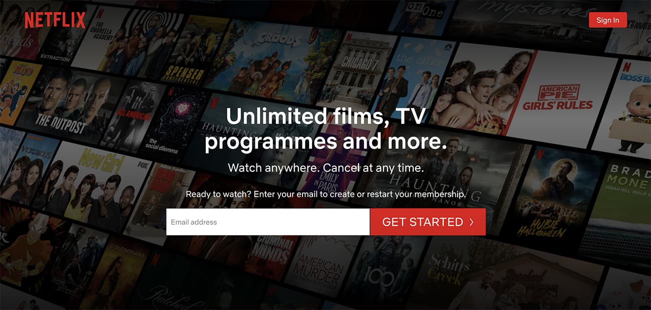 Een screenshot van de homepage van Netflix