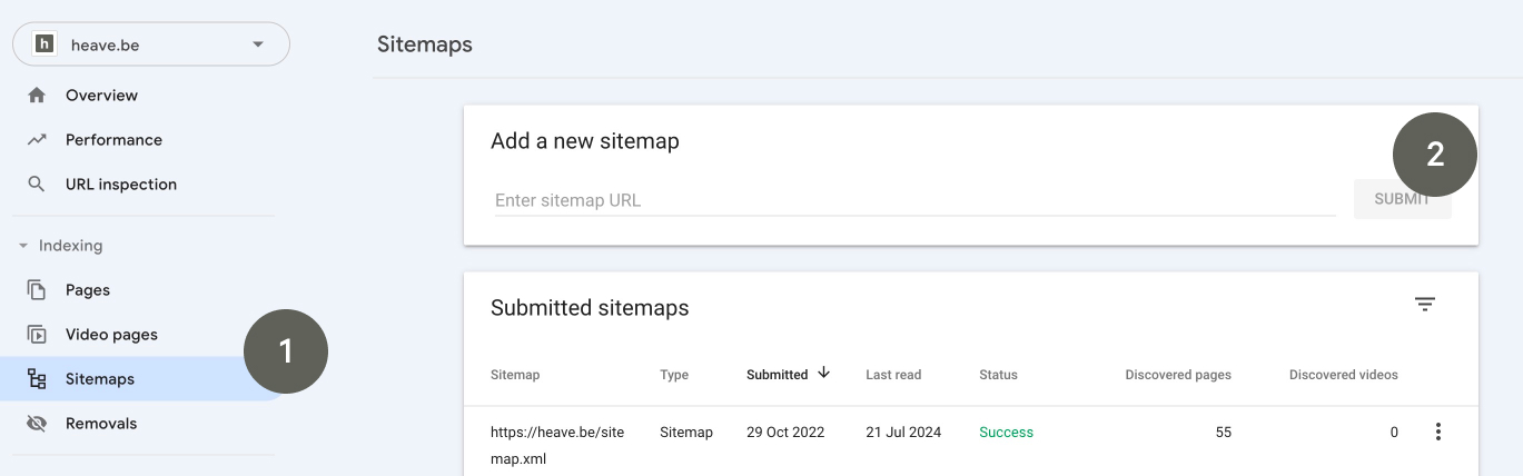Een screenshot van Google Search Console waar je de sitemap van je website kan uploaden