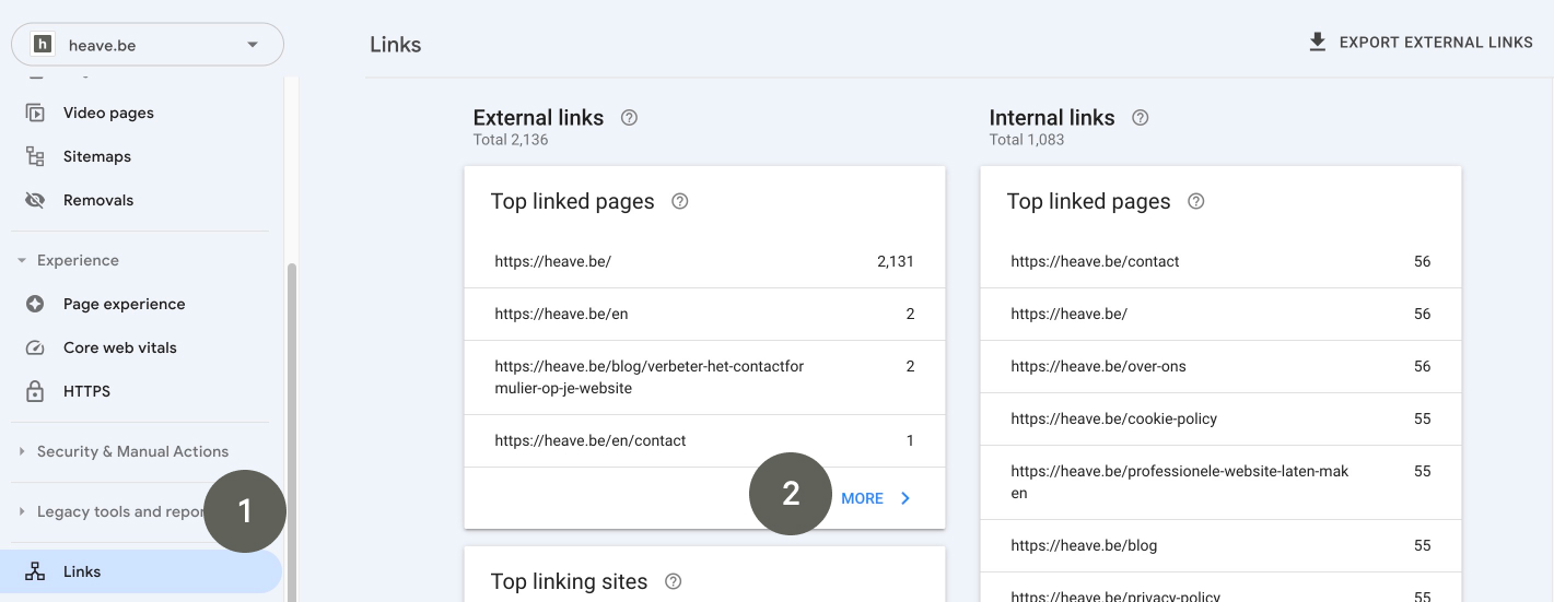 Een screenshot van het "Links" rapport in Google Search Console