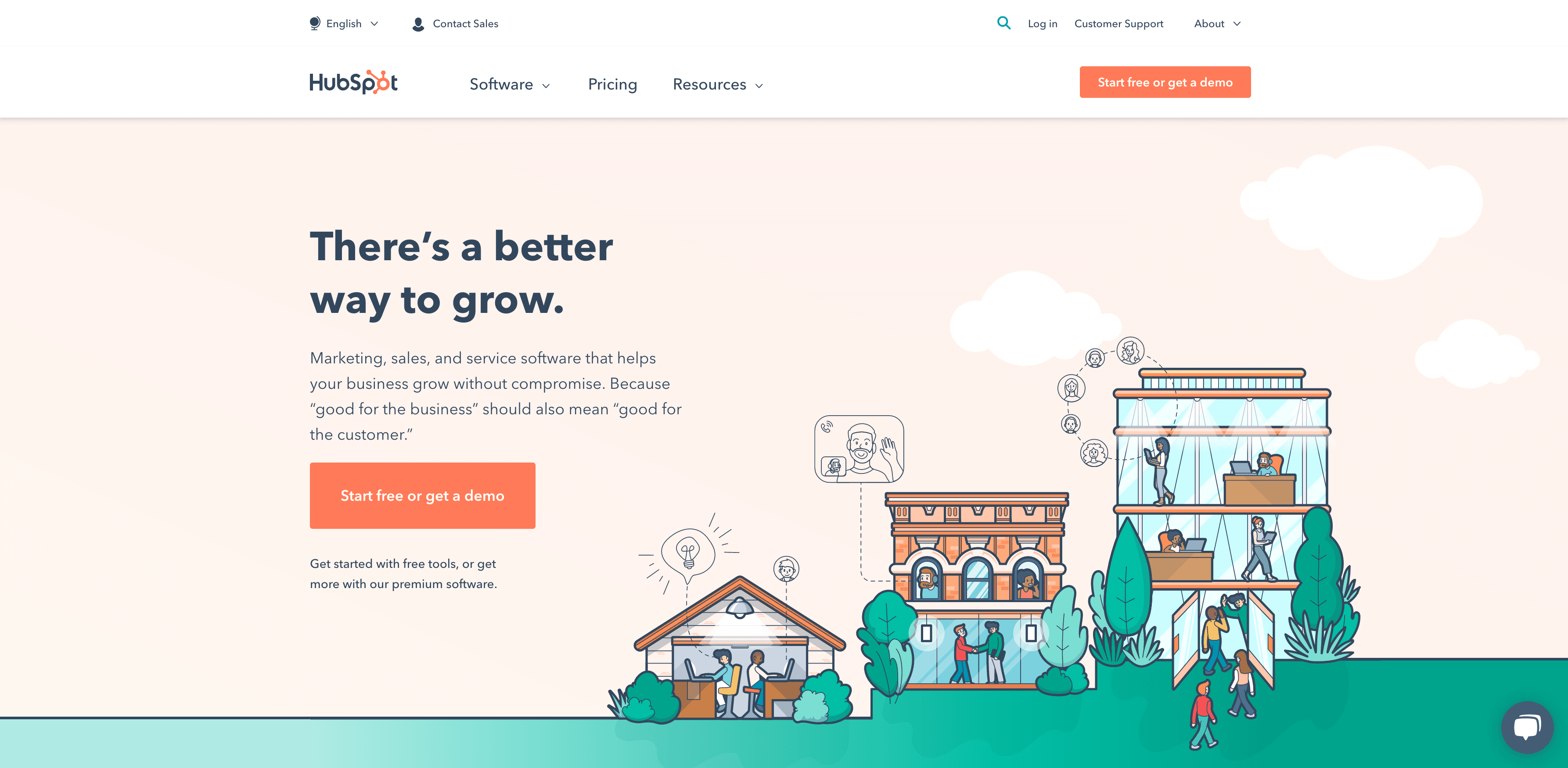 Een screenshot van Hubspot's homepage onderschrift: Een voorbeeld van hoe Hubspot kleur gebruikt om de aandacht te vestigen op hun call to action