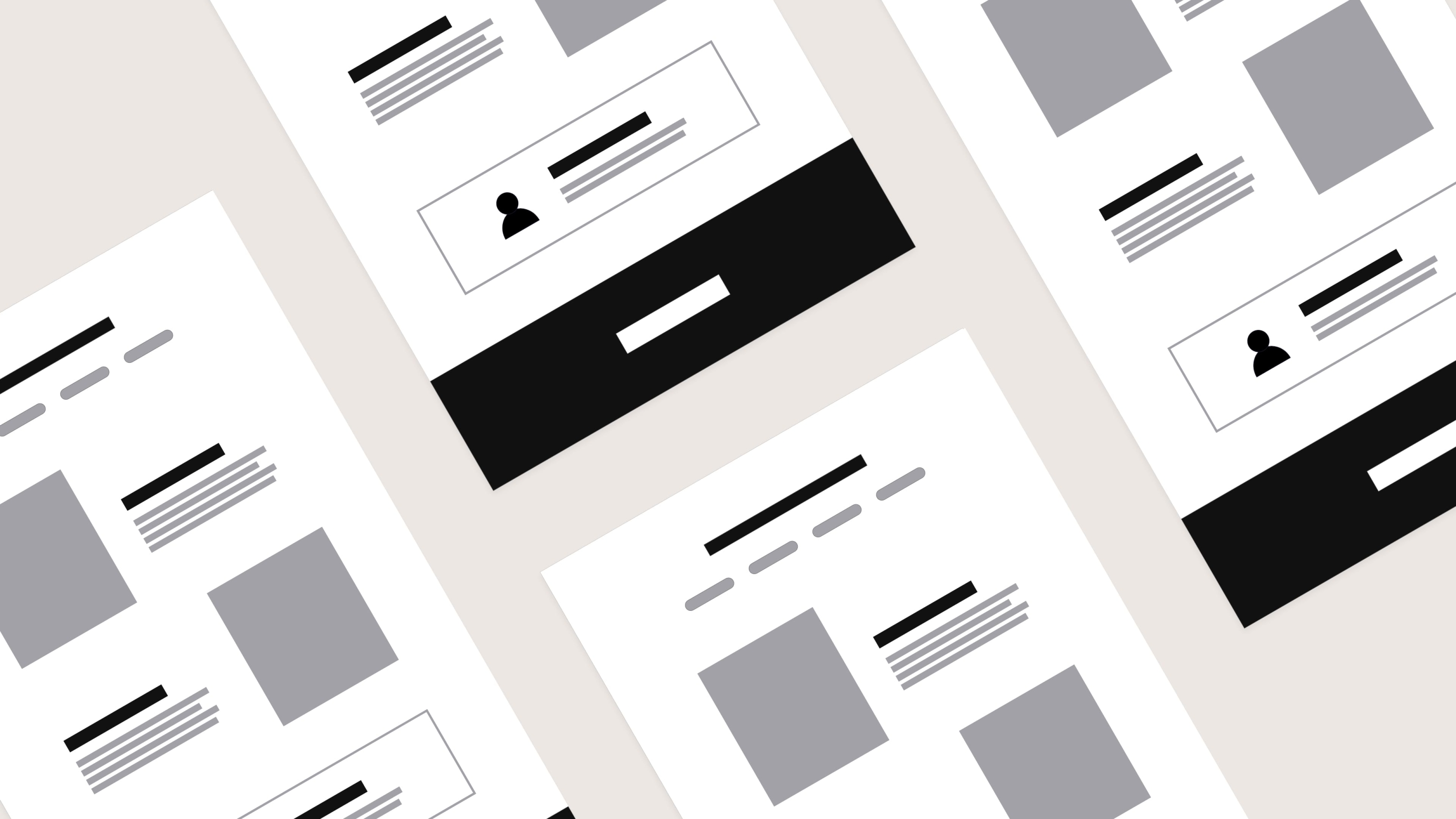 Abstracte wireframes van meerdere webpagina layouts diagonaal geplaatst op een beige achtergrond
