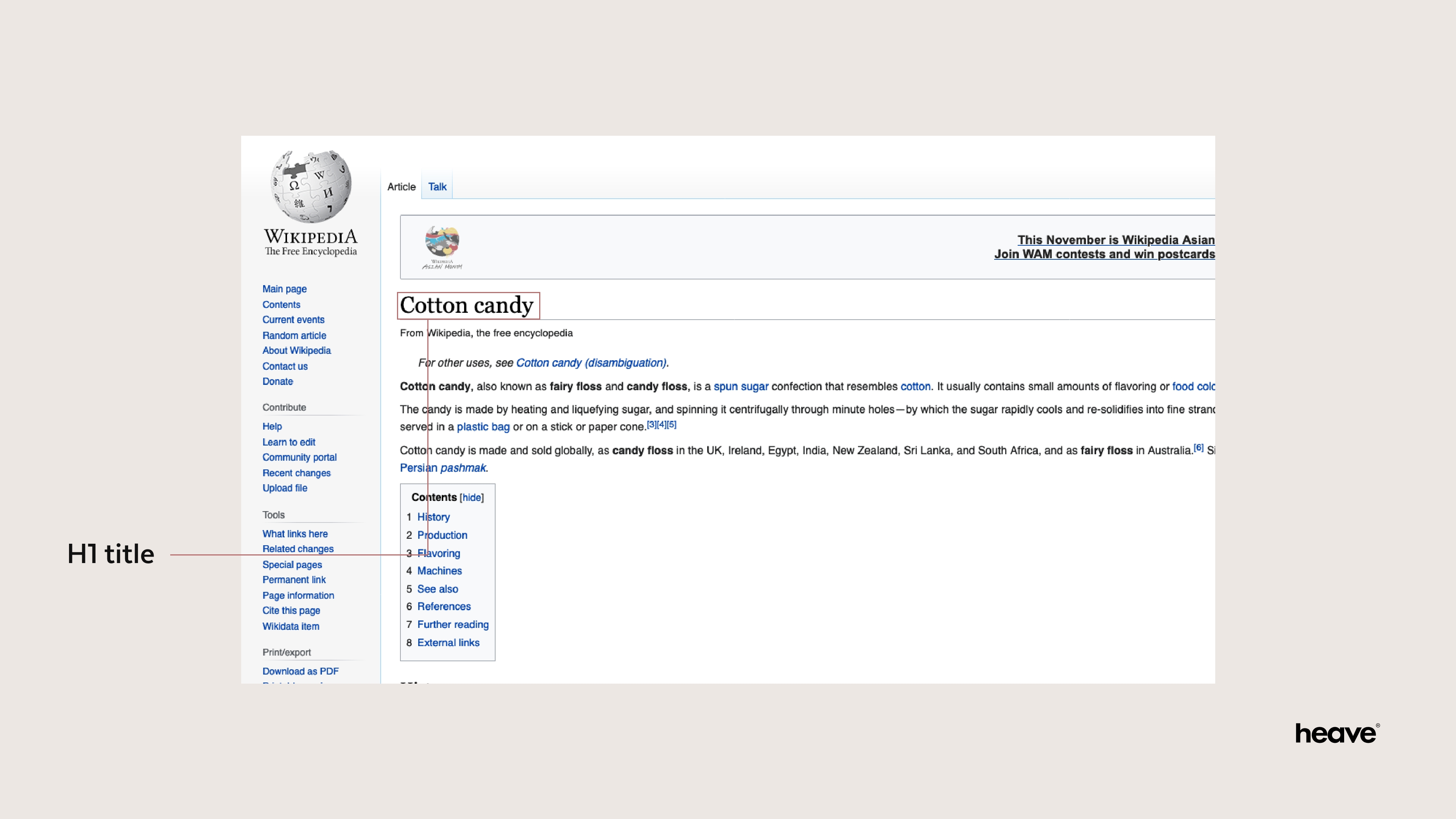 Een screenshot van Wikipedia waar de H1 tag uitgelicht is