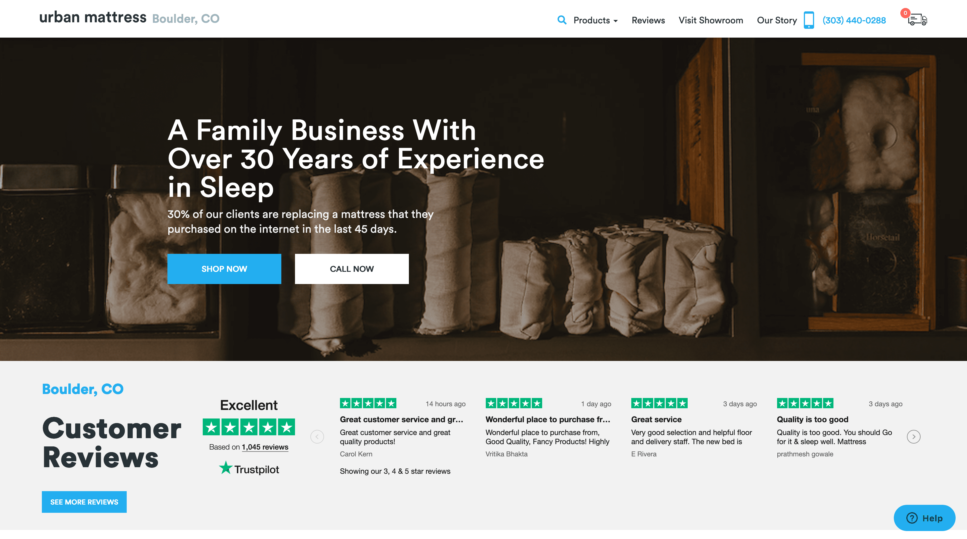 Een screenshot van de homepage van urbanmattress.com bijschrift: Een voorbeeld van social proof in de vorm van beoordelingen - urbanmattress.com