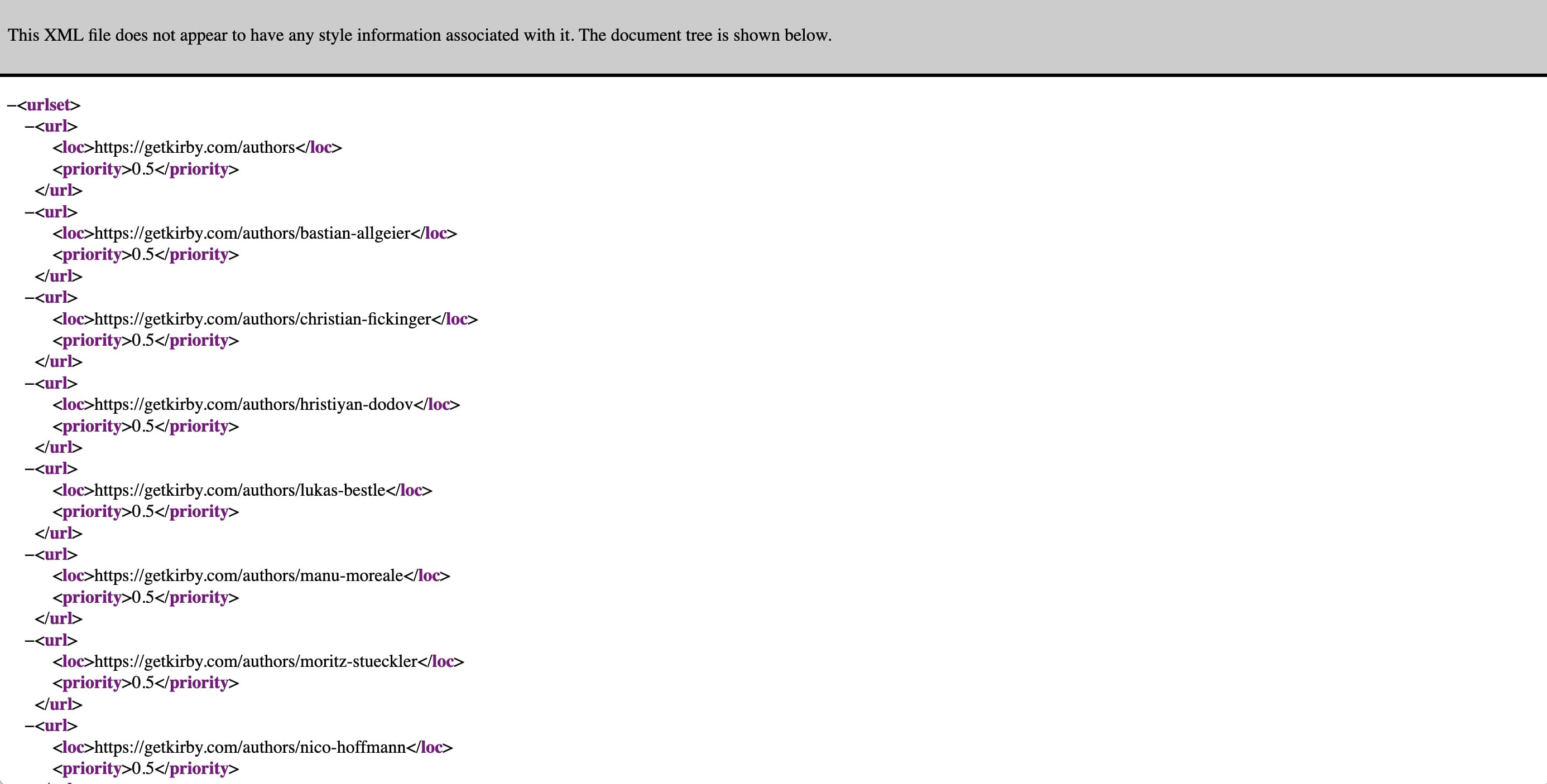 Een voorbeeld van een sitemap voor zoekmachines in XML formaat onderschrift: Een XML sitemap op getkirby.com/sitemap.xml