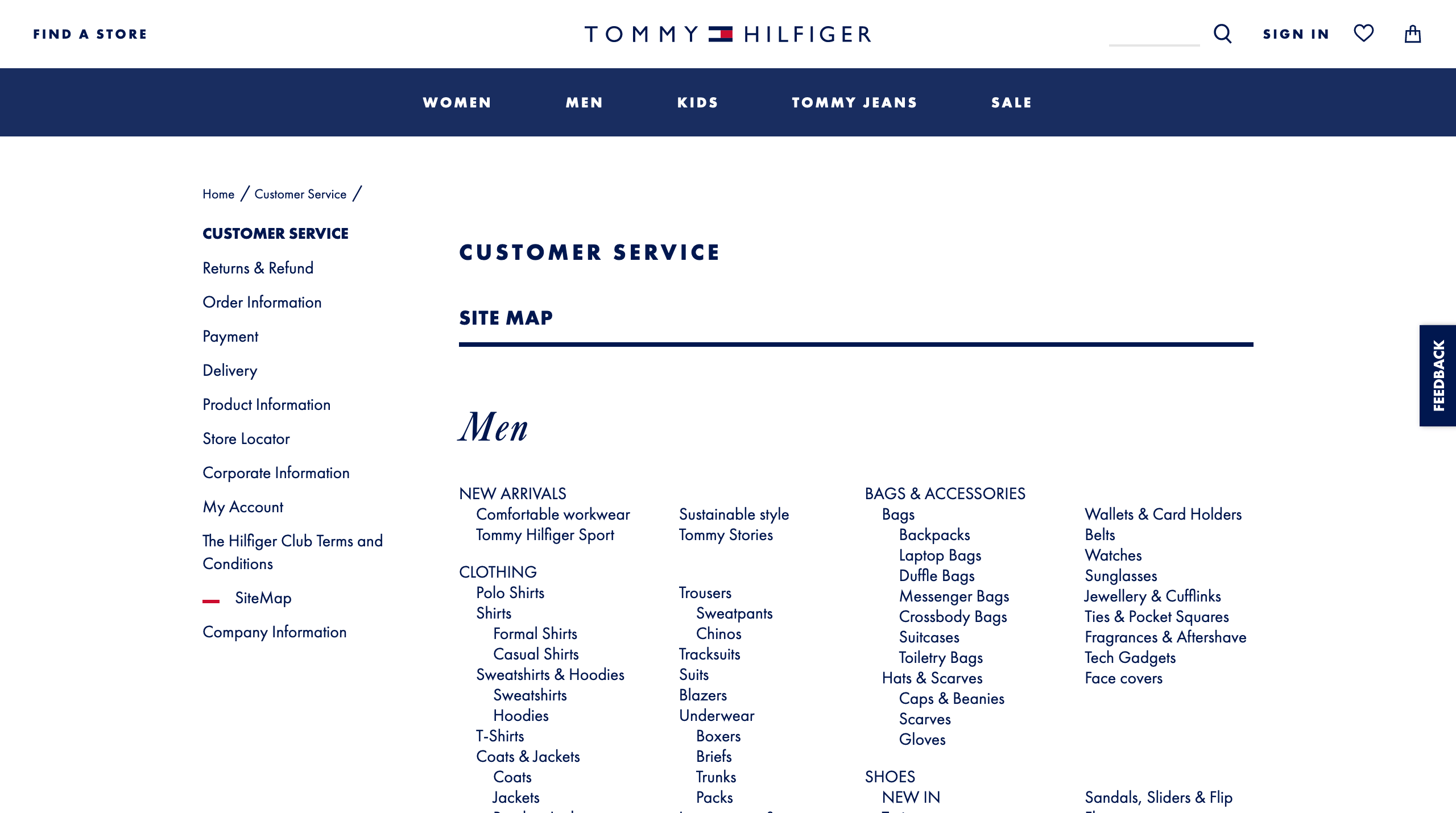 Een sitemap die op een websitepagina leeft onderschrift: Een sitemap voor website bezoekers op de uk.tommy.com webshop