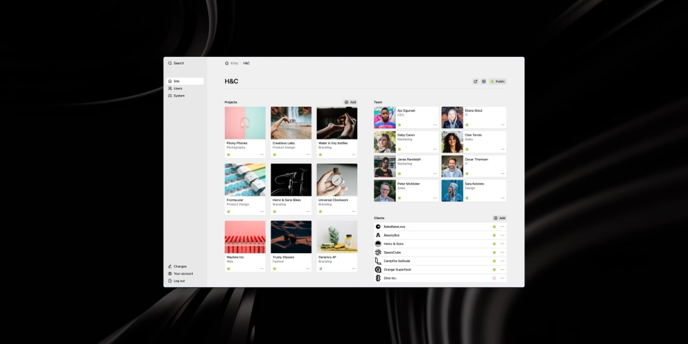 Een screenshot van een CMS interface (Kirby) met een projectoverzicht, teamleden en klantenlijst