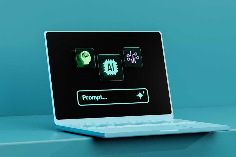 Een lichtblauwe laptop op een turquoise achtergrond met drie lichtgevende AI-gerelateerde iconen op het scherm: een brein, de letters "AI" en een netwerkdiagram, met een prompt veld eronder