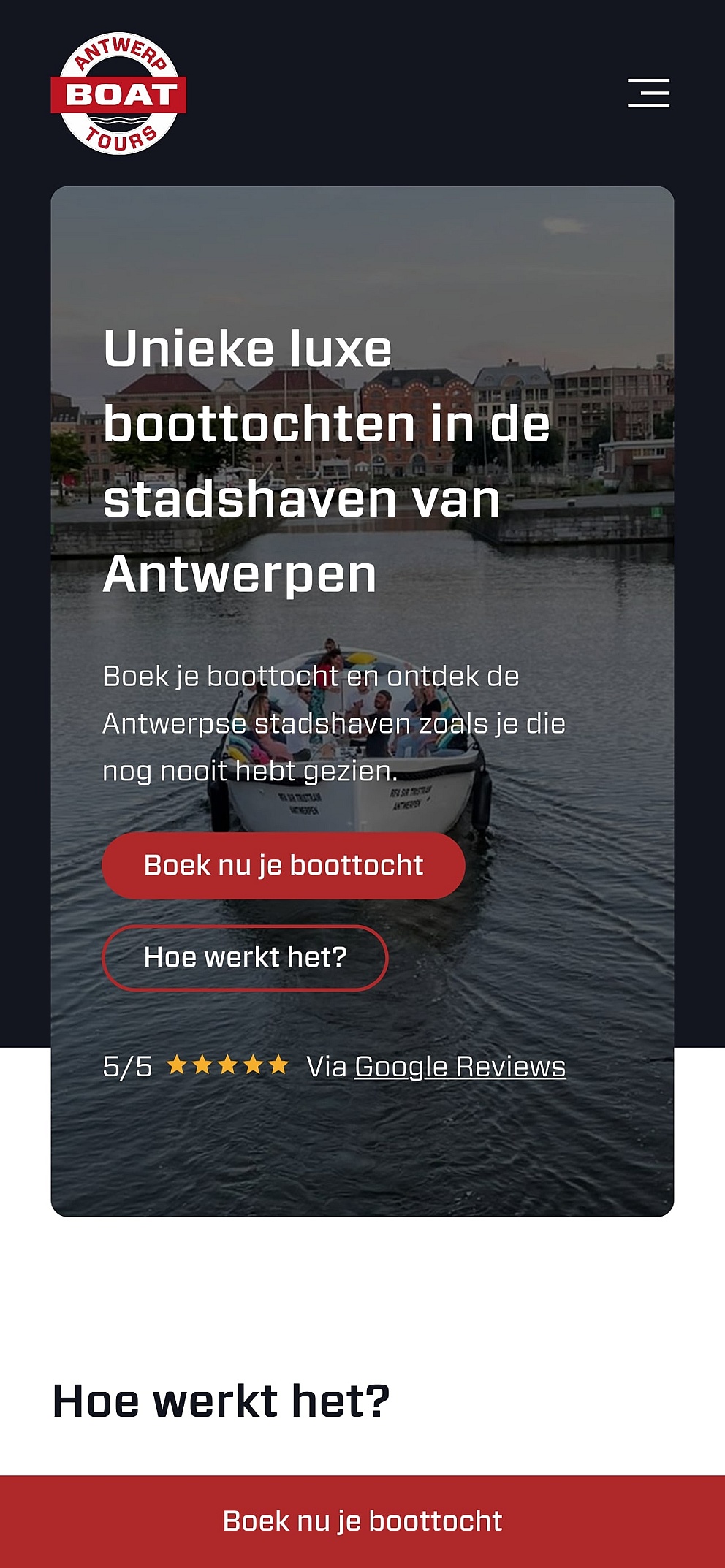 Screenshots of (details of) the website that Antwerp Boat Tours had made by Heave Webdesign Antwerp