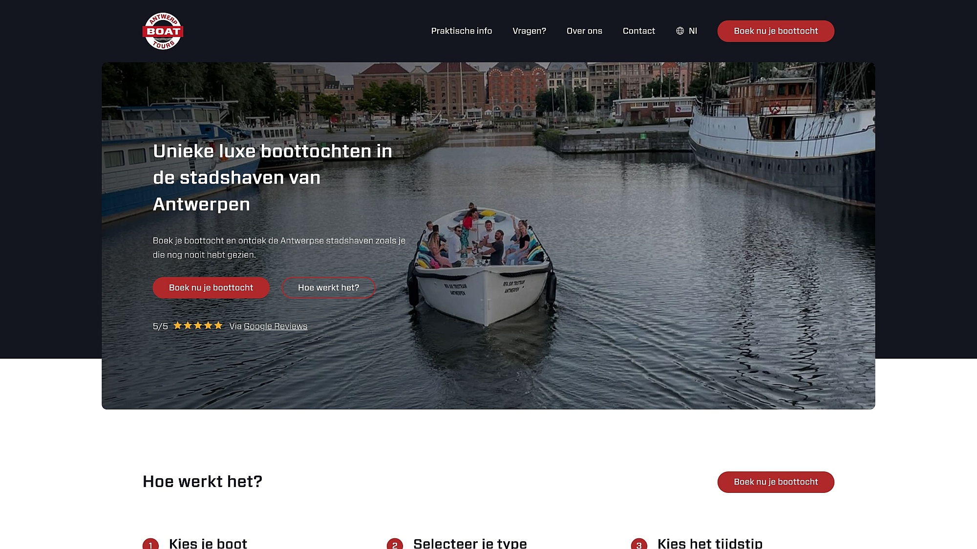 Screenshots van (details van) de website die Antwerp Boat Tours liet maken door Heave Webdesign Antwerpen