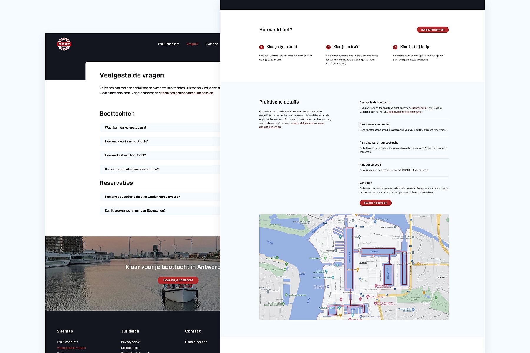 Screenshots van (details van) de website die Antwerp Boat Tours liet maken door Heave Webdesign Antwerpen