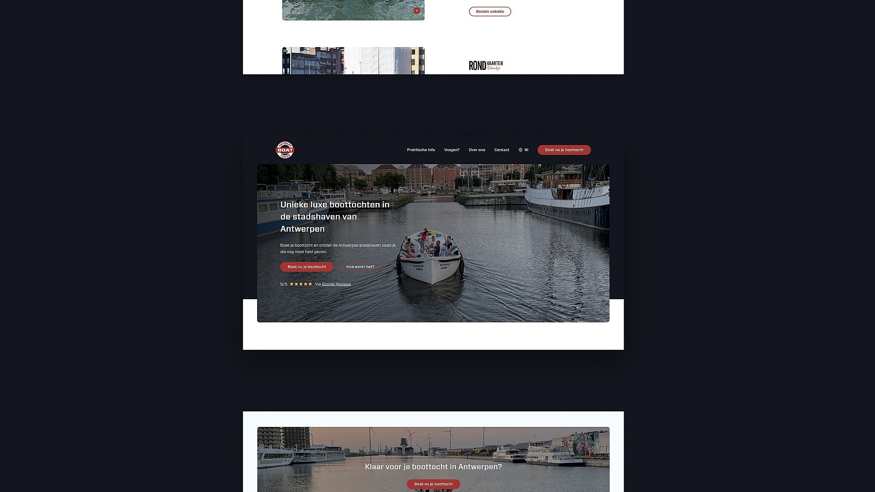 Screenshots van (details van) de website die Antwerp Boat Tours liet maken door Heave Webdesign Antwerpen