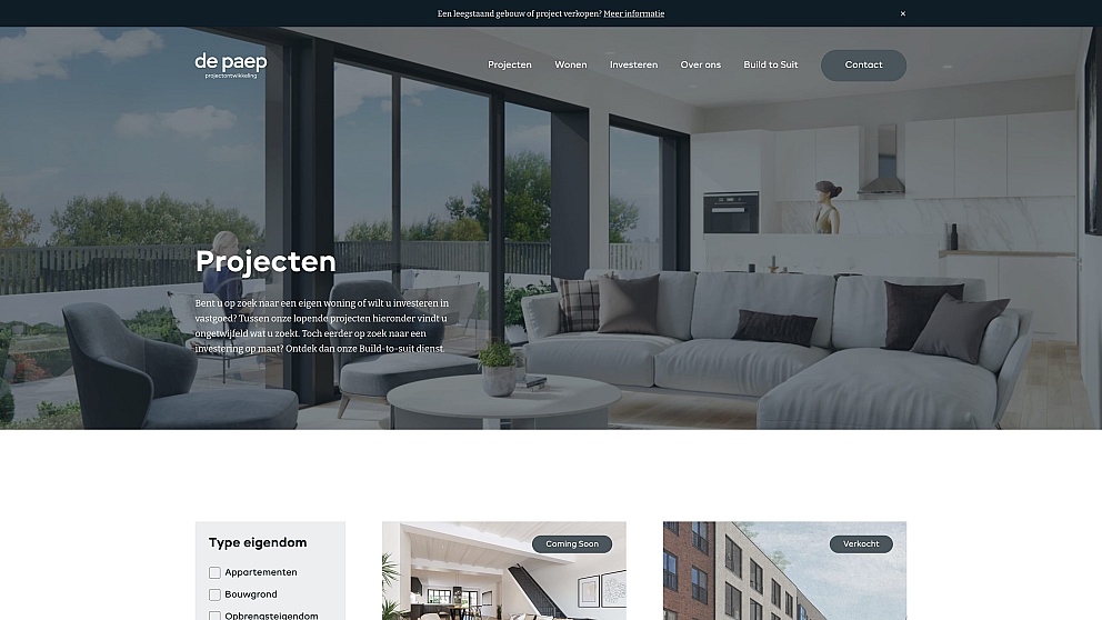 Screenshots van (details van) de website die De Paep Projectontwikkeling liet maken door Heave Webdesign Antwerpen