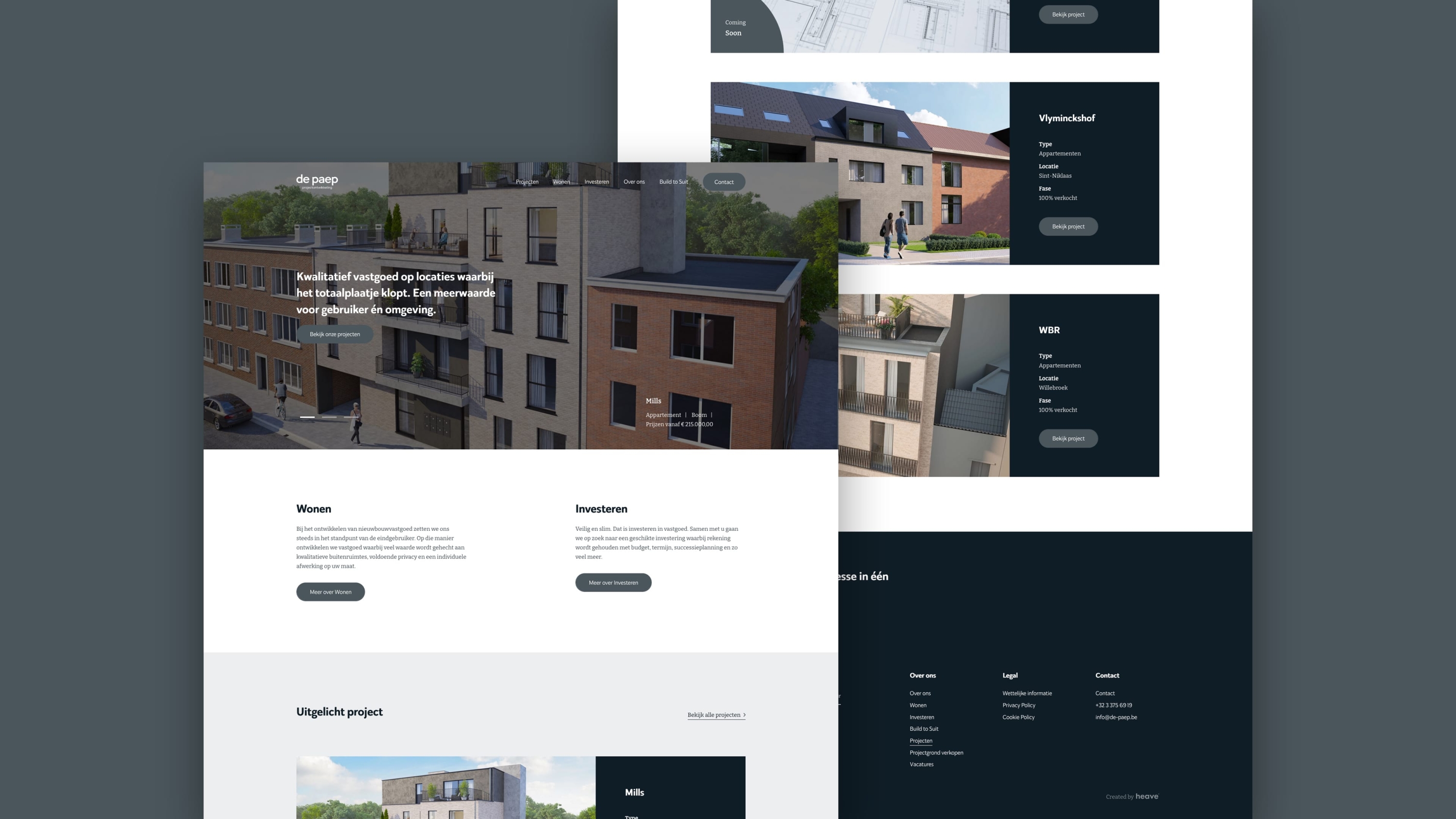 Screenshots of (details of) the website that De Paep Projectontwikkeling had made by Heave Webdesign Antwerp