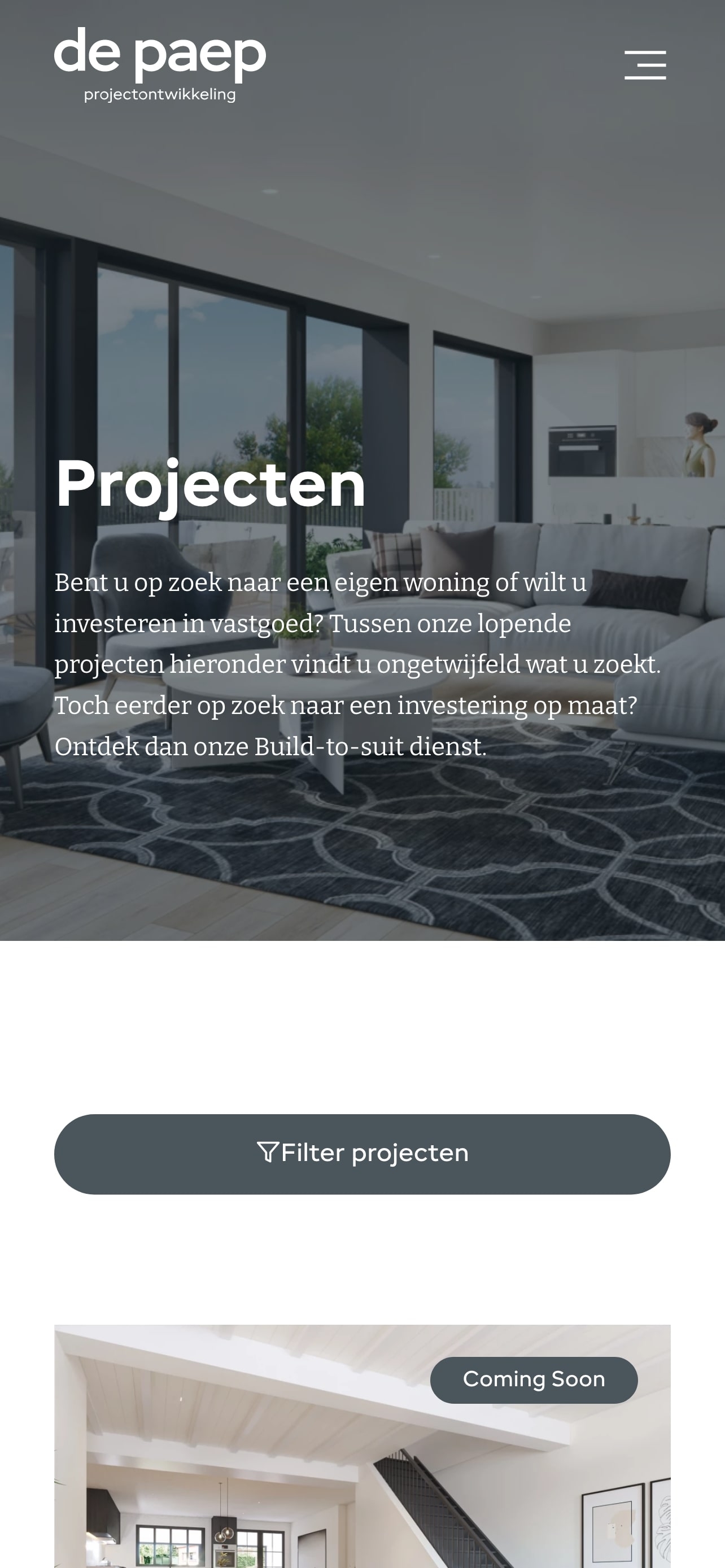 Screenshots van (details van) de website die De Paep Projectontwikkeling liet maken door Heave Webdesign Antwerpen