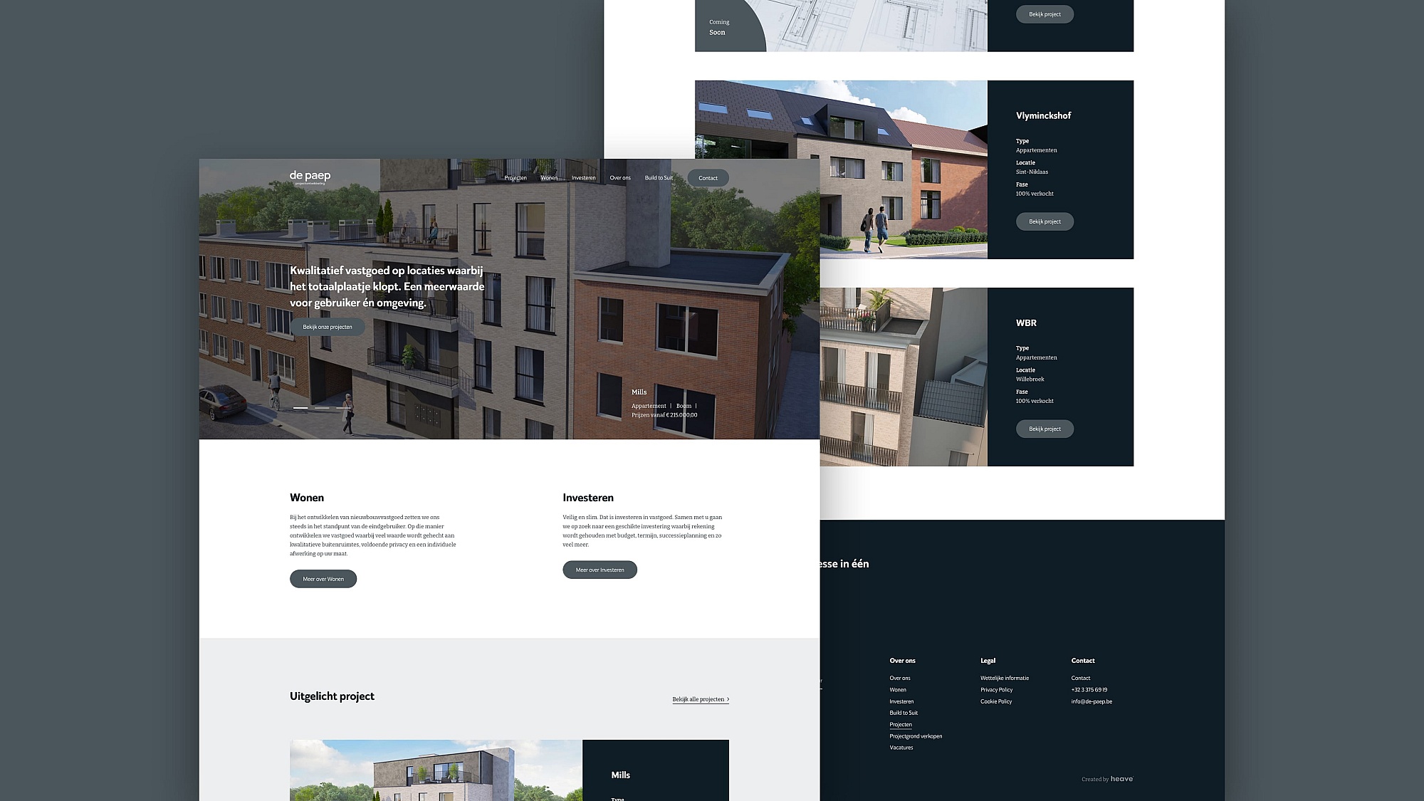Screenshots van (details van) de website die De Paep Projectontwikkeling liet maken door Heave Webdesign Antwerpen