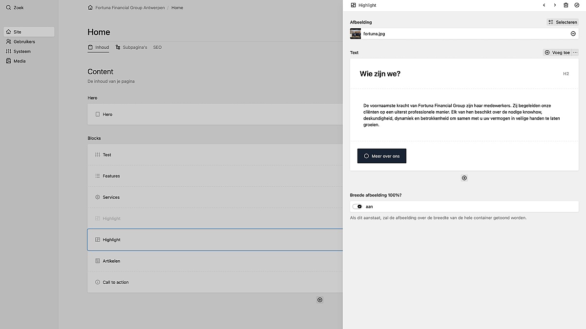Screenshots of (details of) the website that Fortuna Financial Group had made by Heave Webdesign Antwerp