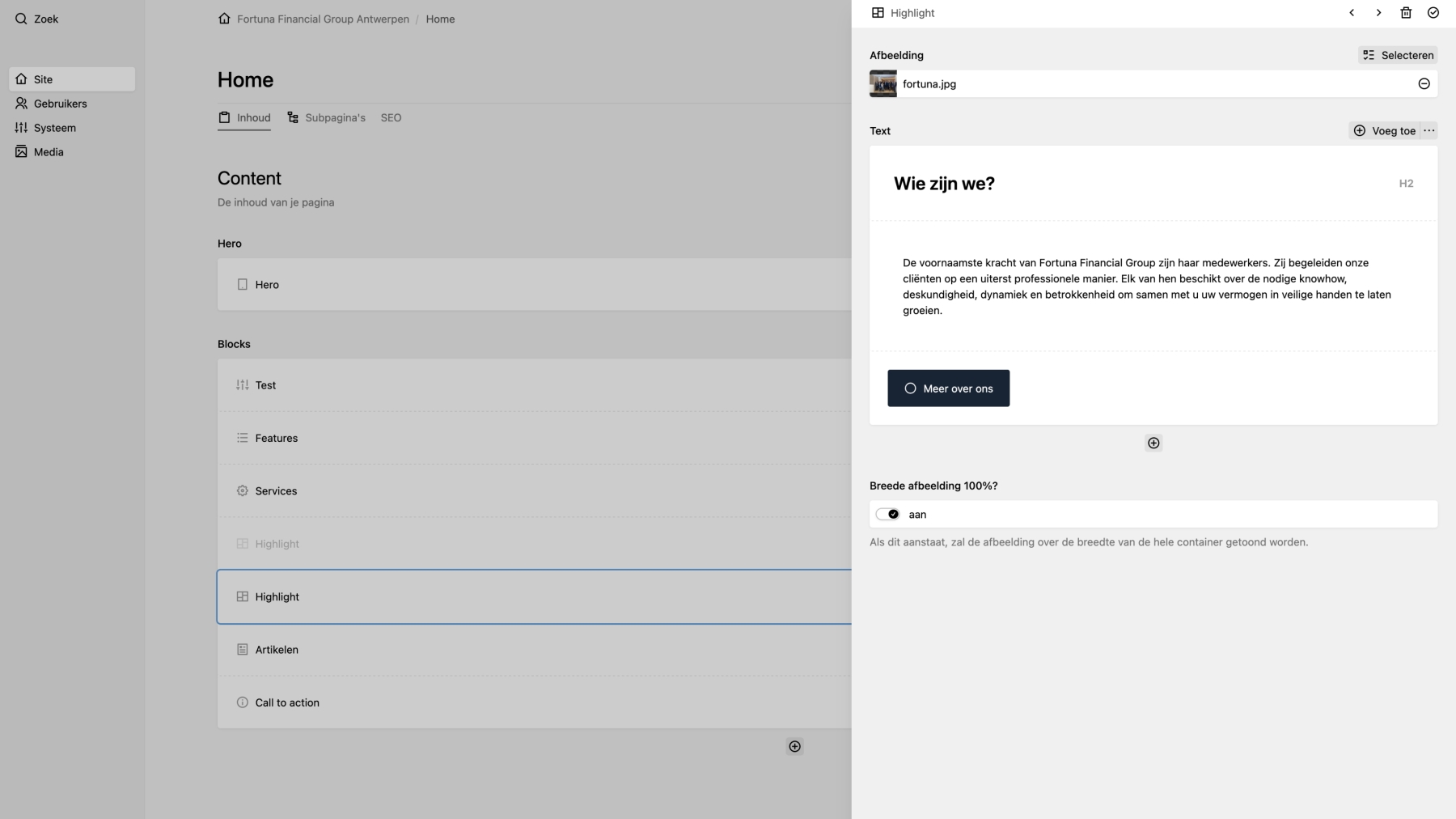 Screenshots of (details of) the Website that Fortuna Financial Group had made by Heave Webdesign Antwerp