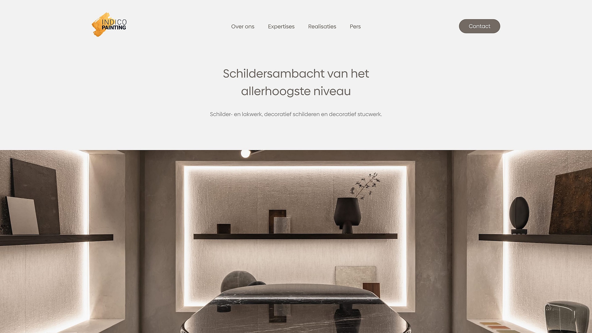 Screenshots van (details van) de website die Indico Painting liet maken door Heave Webdesign Antwerpen