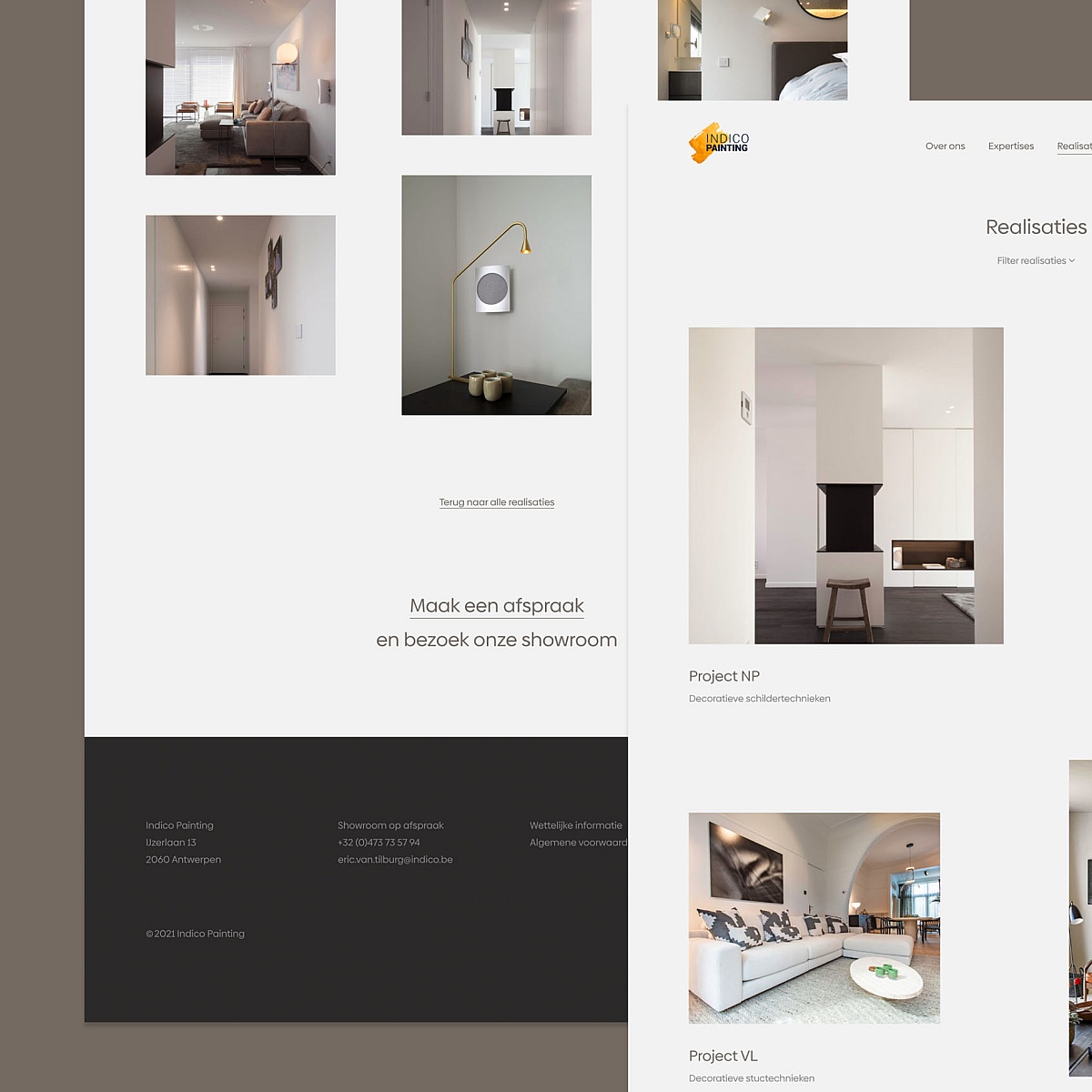 Screenshots van (details van) de website die Indico Painting liet maken door Heave Webdesign Antwerpen