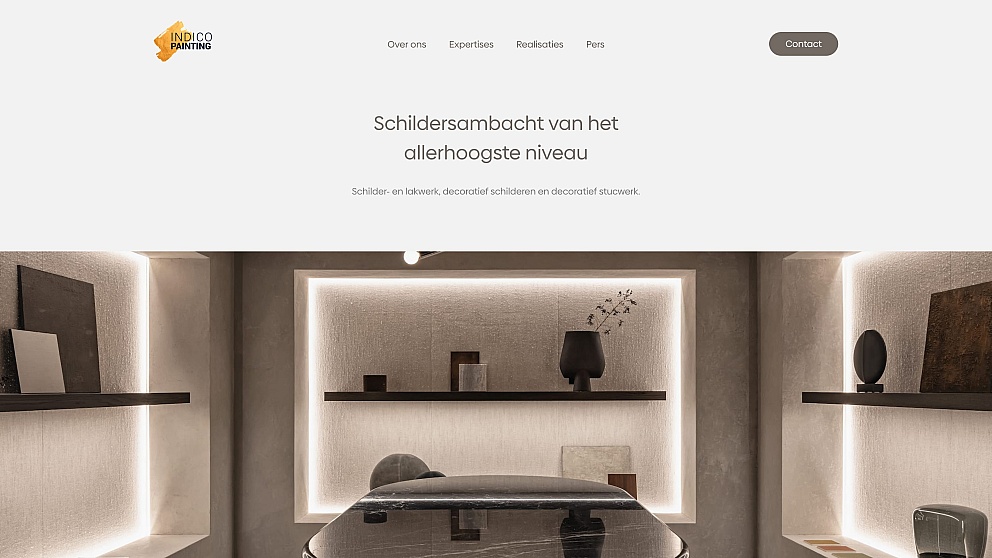 Screenshots van (details van) de website die Indico Painting liet maken door Heave Webdesign Antwerpen