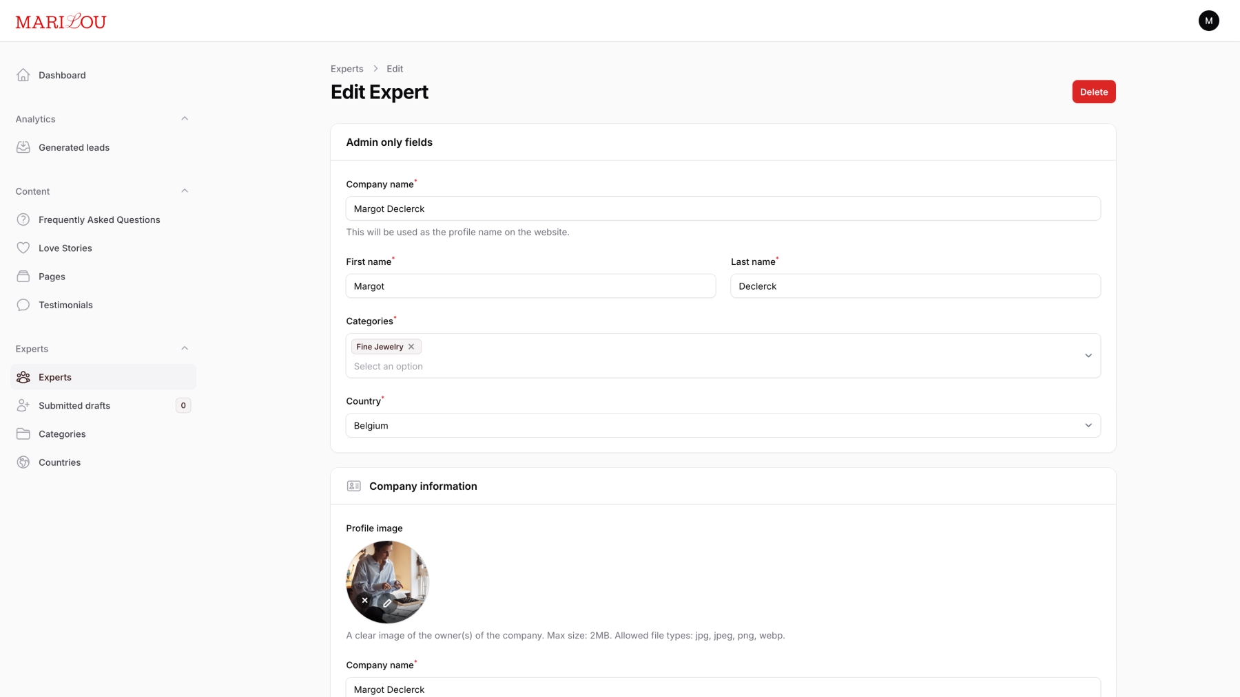 Screenshots van (details van) de Webapp, website die Marilou liet maken door Heave Websites & Webapps Antwerpen