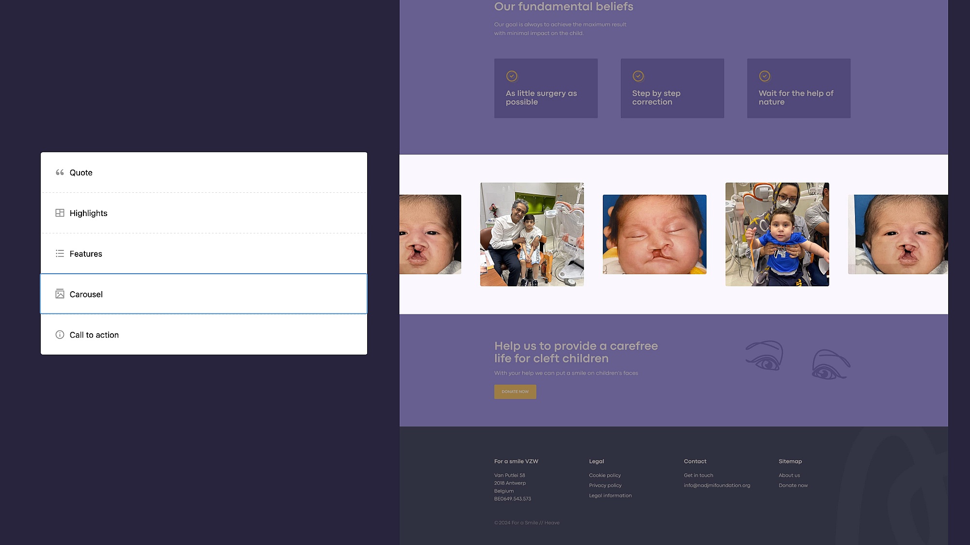 Screenshots of (details of) the website that Nadjmi Foundation had made by Heave Webdesign Antwerp