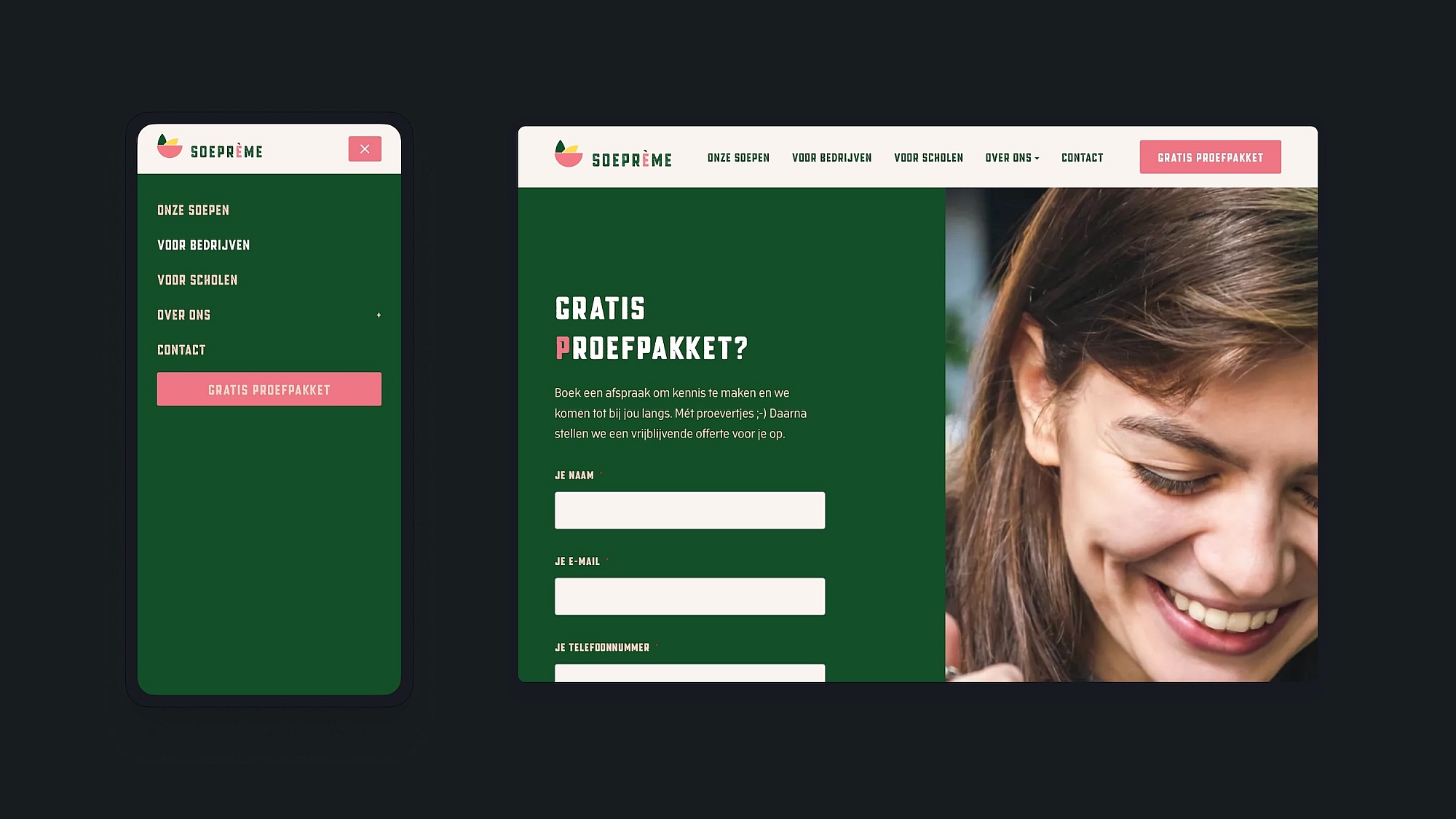 Screenshots of (details of) the website that Soeprème had made by Heave Webdesign Antwerp