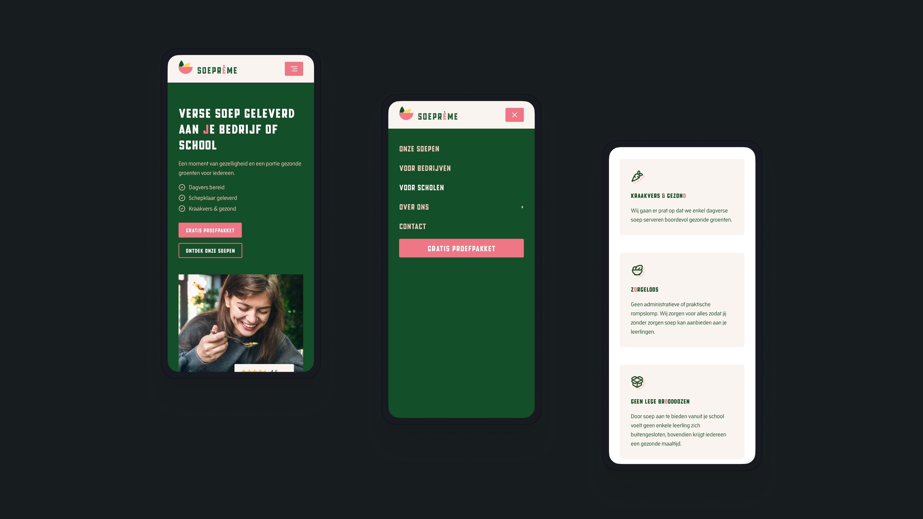 Screenshots of (details of) the Website that Soeprème had made by Heave Webdesign Antwerp