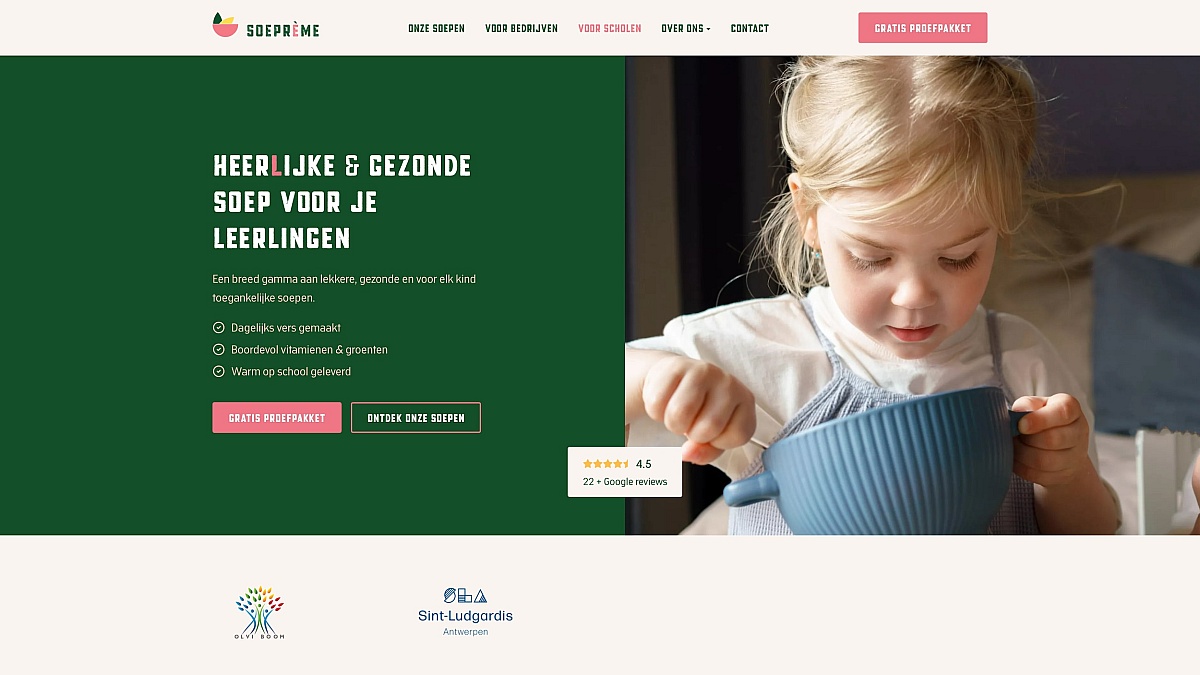 Screenshots van (details van) de website die Soeprème liet maken door Heave Webdesign Antwerpen