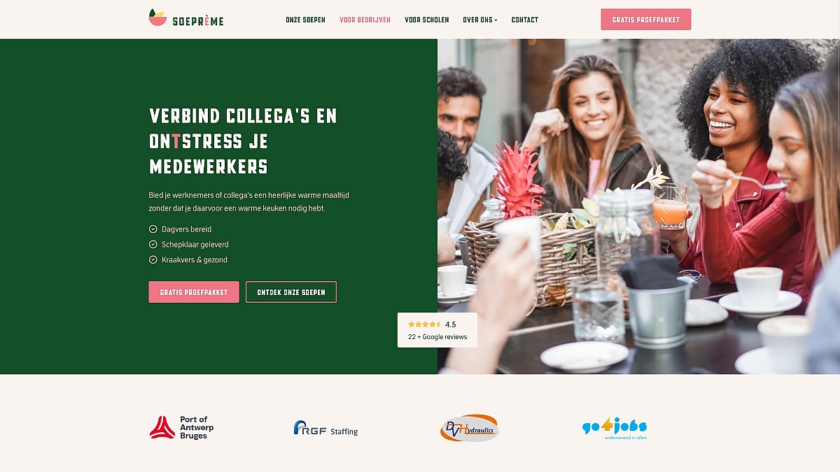 Screenshots van (details van) de website die Soeprème liet maken door Heave Webdesign Antwerpen