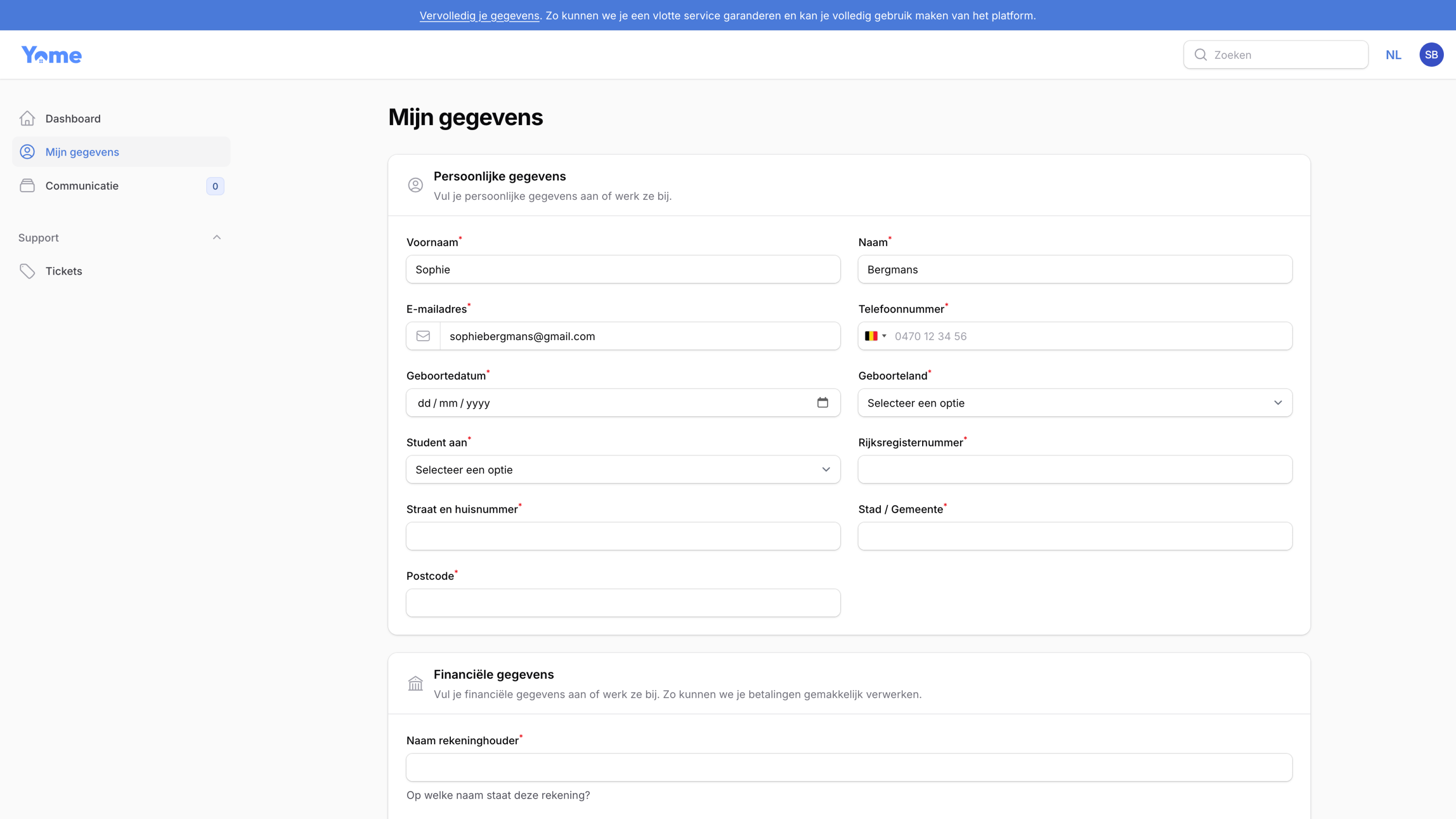Screenshots van (details van) de Webapp die Yome Student Housing liet maken door Heave Websites & Webapps Antwerpen