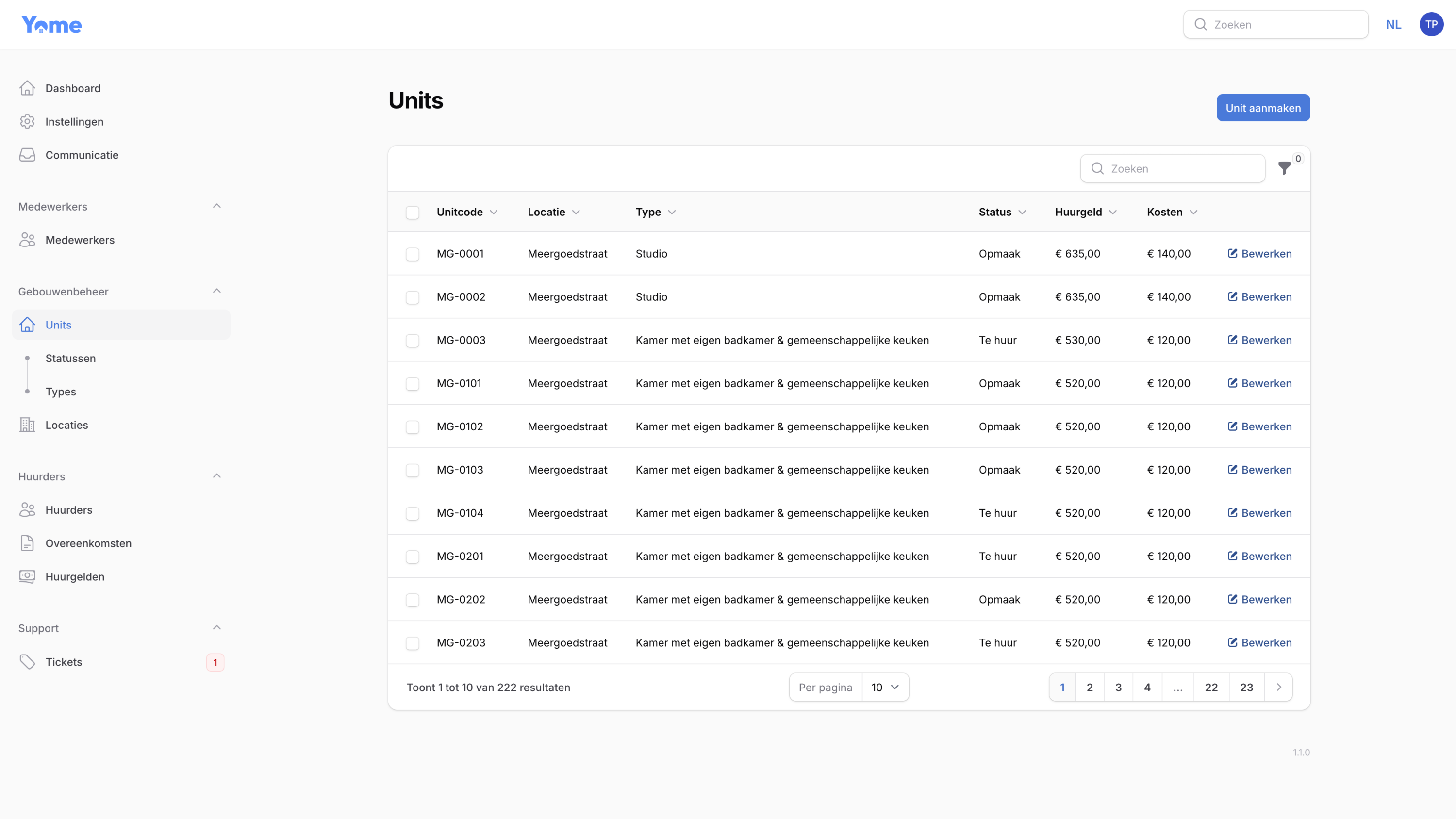 Screenshots van (details van) de Webapp die Yome Student Housing liet maken door Heave Websites & Webapps Antwerpen