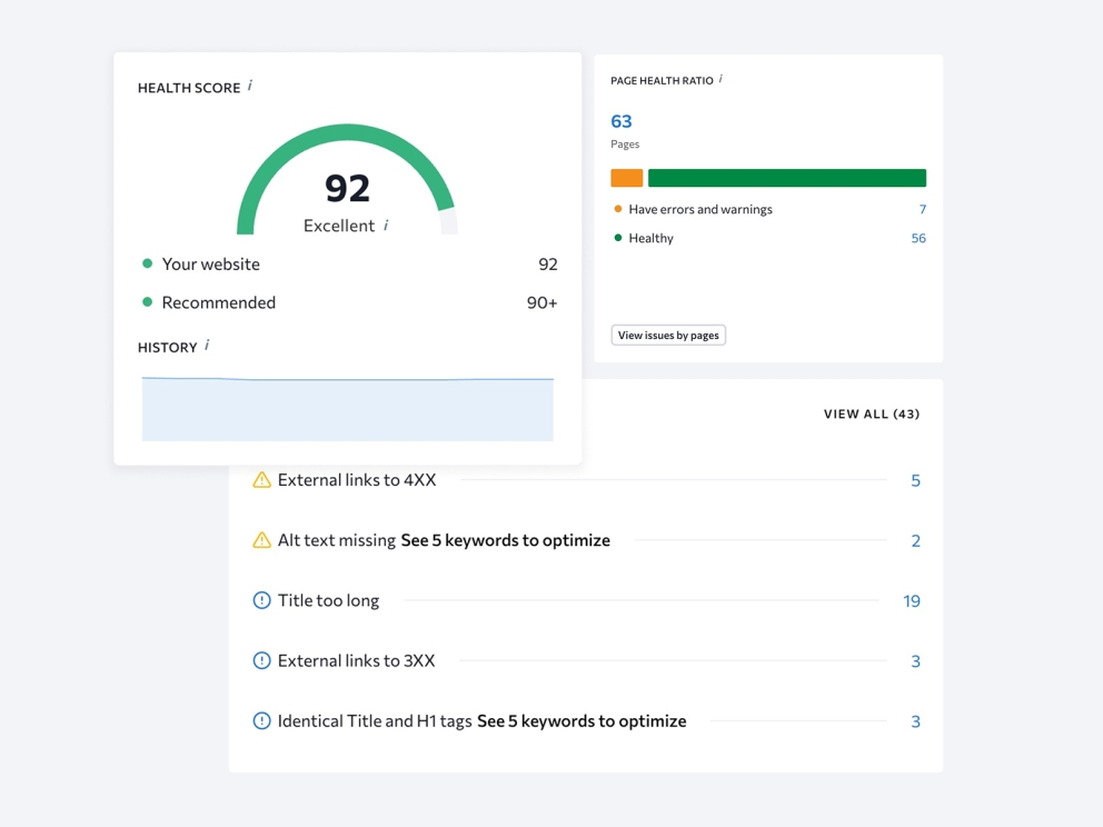 Een technische SEO-audit met een overzicht van issues, page health ratio en de belangrijkste optimalisatiepunten van een website.